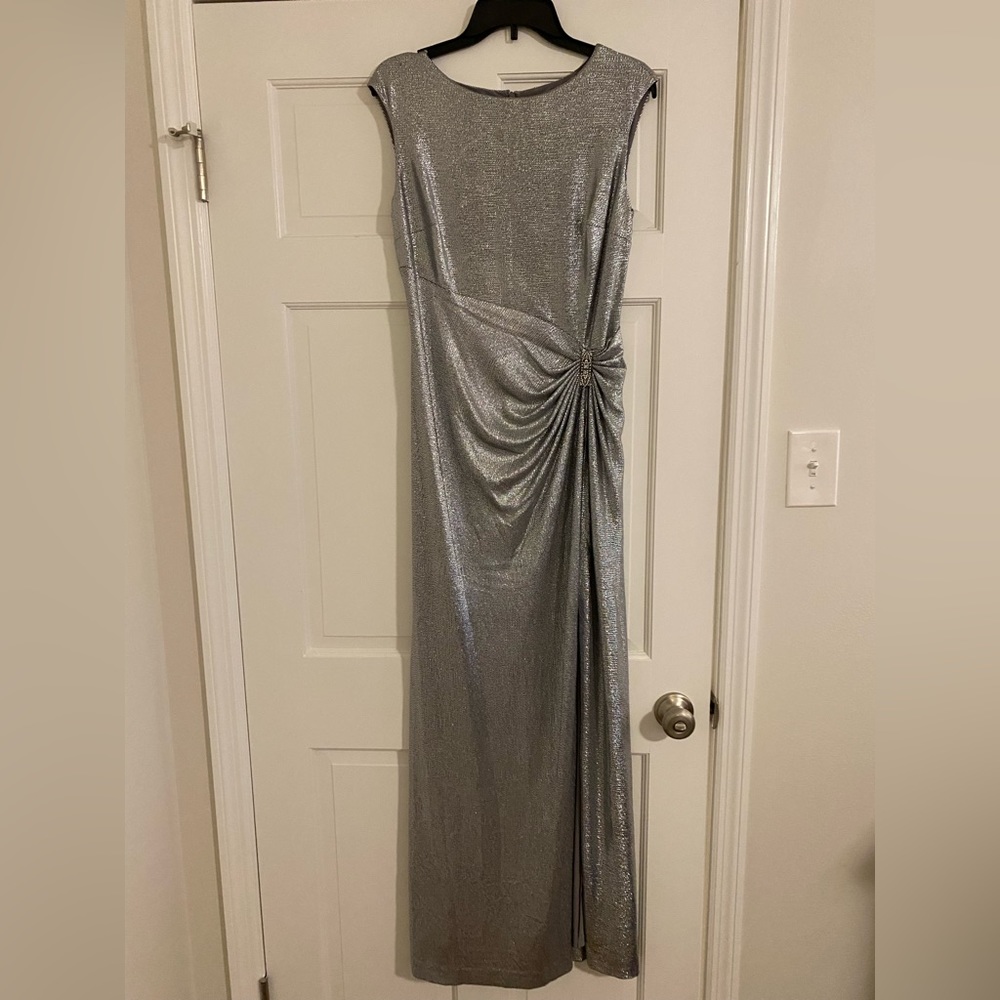 Lauren Ralph Lauren metallic silver evening gown.